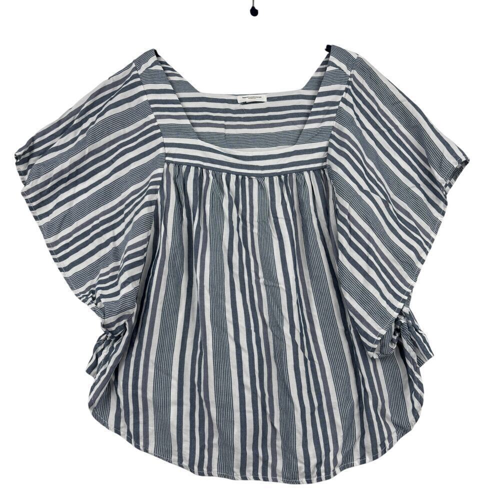 Beach Lunch Lounge Popover Blouse Size L Blue White Stripe Wide Flutter Sleeve